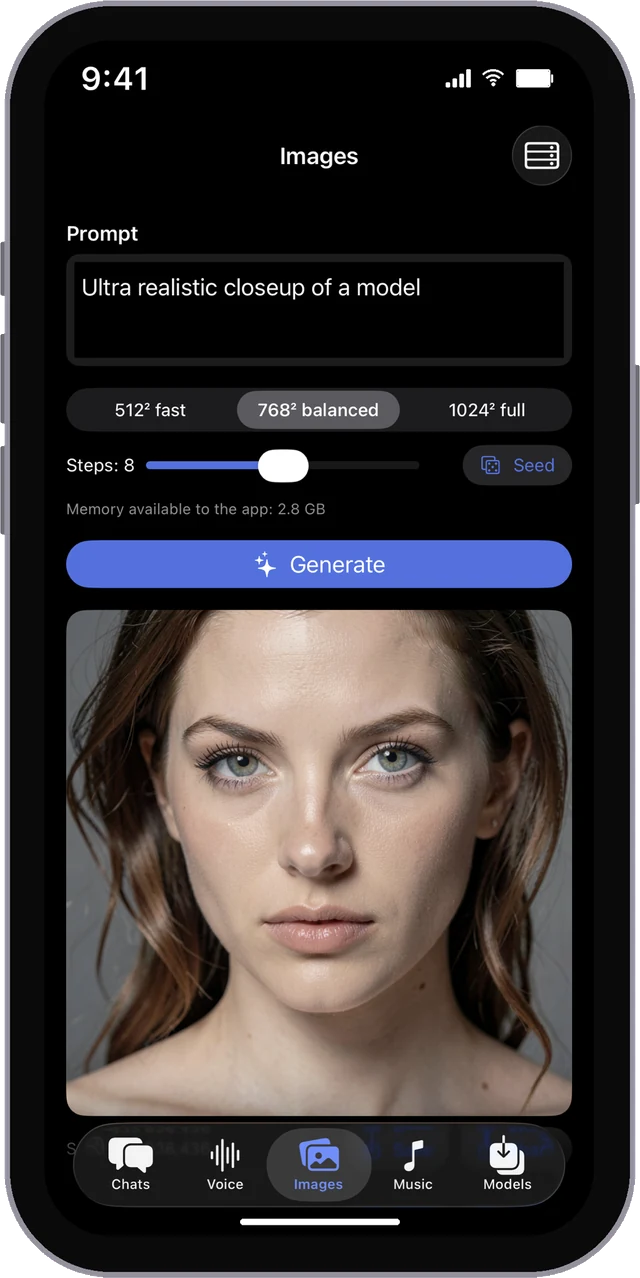 Image generation in MLX Chat, a photorealistic portrait made on device