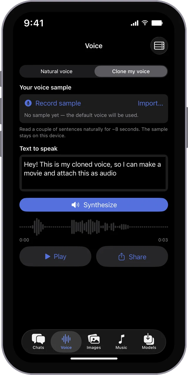 Voice cloning screen in MLX Chat, record a sample and synthesize speech